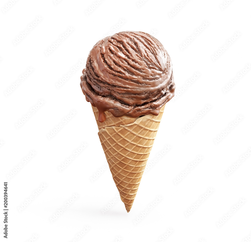Delicious chocolate ice cream in waffle cone isolated on white background. 3D illustration Delicious chocolate ice cream in waffle cone isolated on white background. 3D illustration