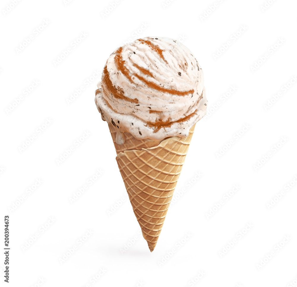 Highly detailed delicious vanilla ice cream with chocolate crumbs and apricot jam in waffle cone isolated on white background. 3D illustration Highly detailed delicious vanilla ice cream with chocolate crumbs and apricot jam in waffle cone isolated on white background. 3D illustration