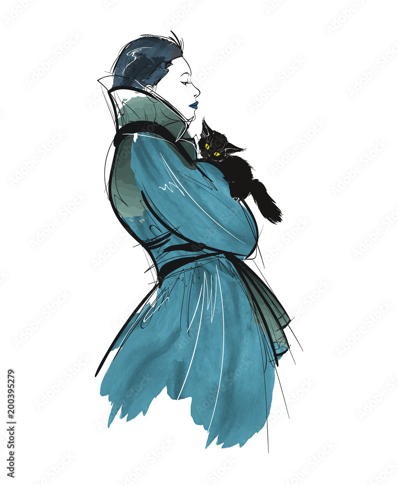 Fashionable girl in a blue raincoat. Fashionable girl with a pretty kitten in her hands. Hand-drawn illustration Fashionable girl in a blue raincoat. Fashionable girl with a pretty kitten in her hands. Hand-drawn illustration