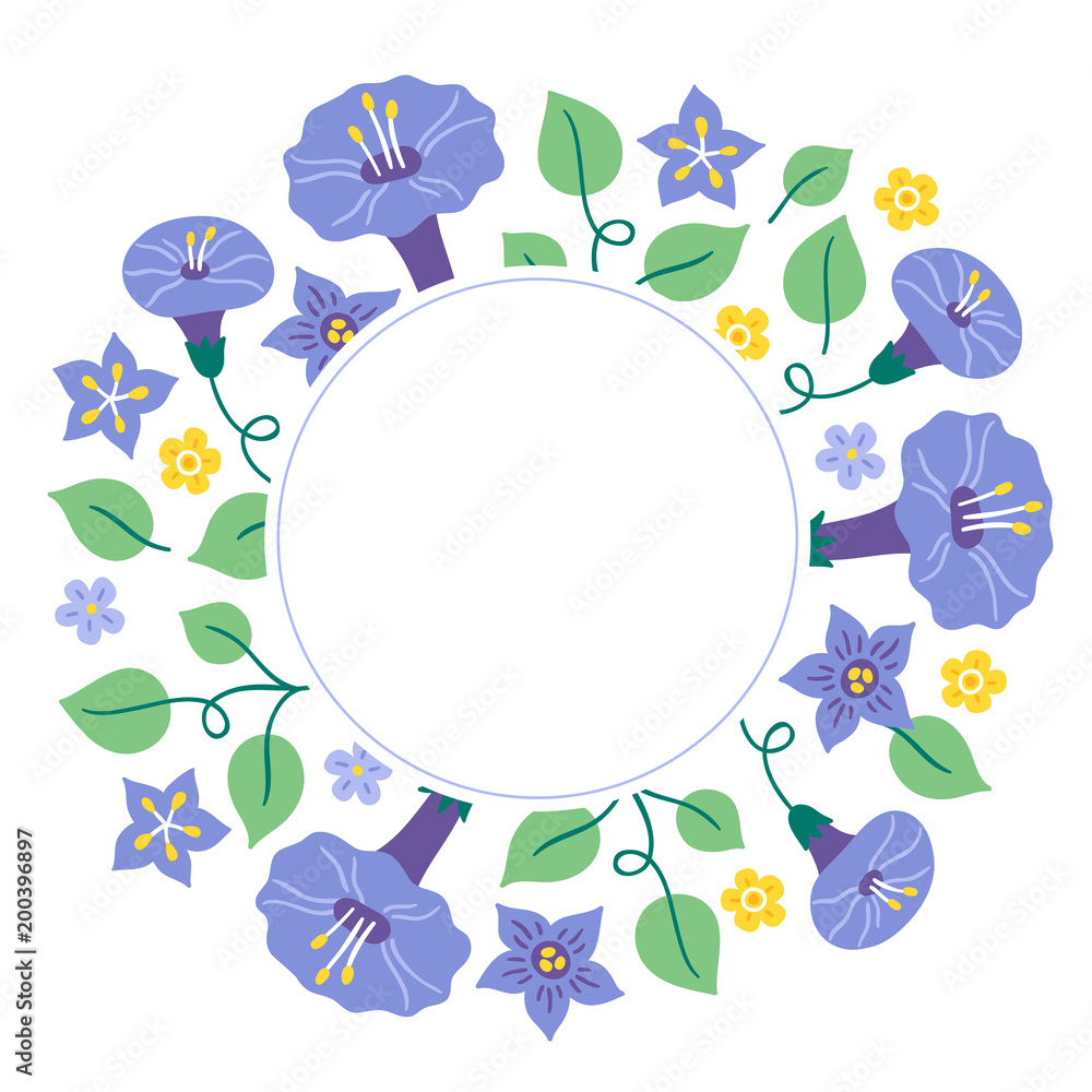 Summer greeting card with leaves, bindweed, bellflower, circle blank label