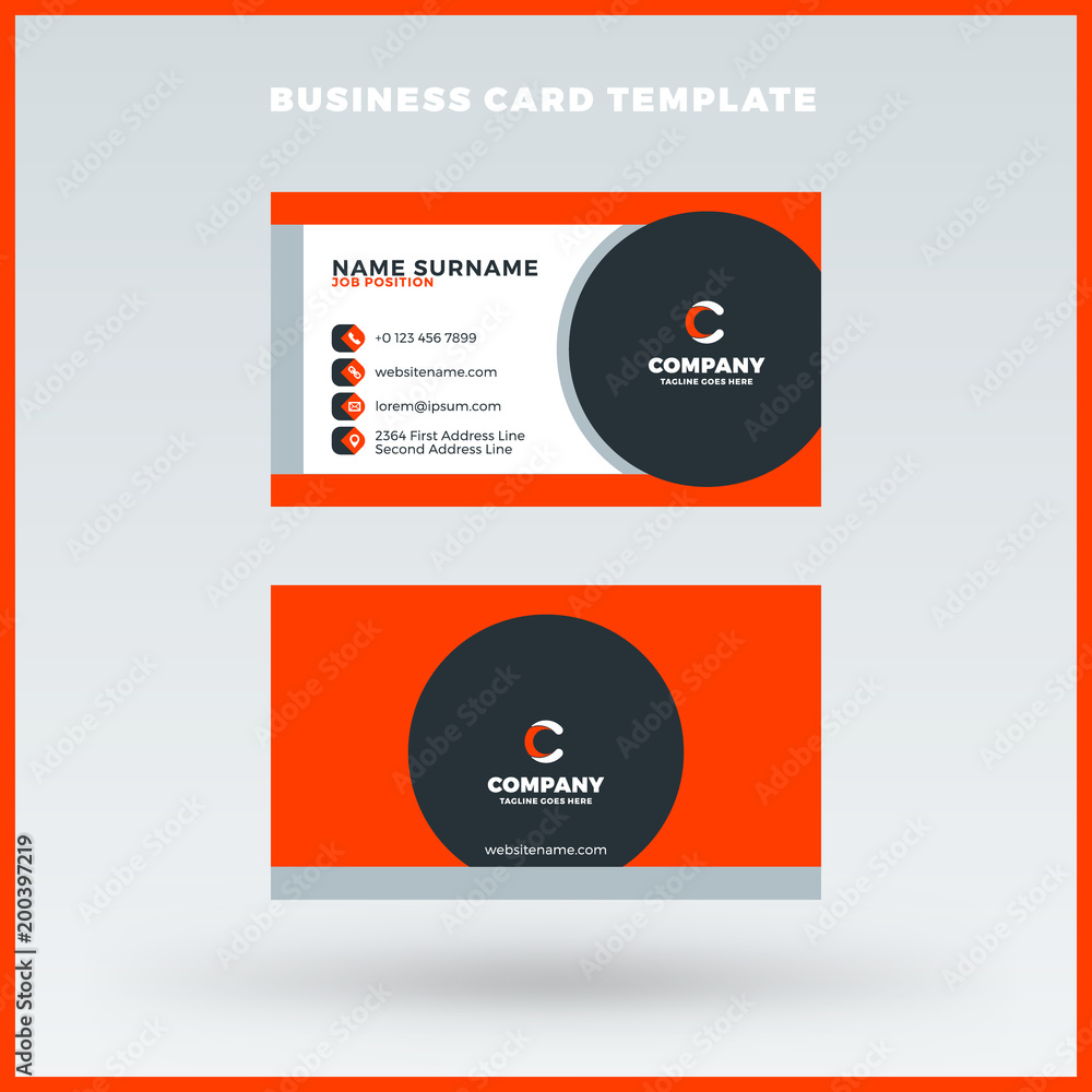 Creative and clean double-sided business card vector template. Red and black color theme. Flat design vector mockup. Stationery design