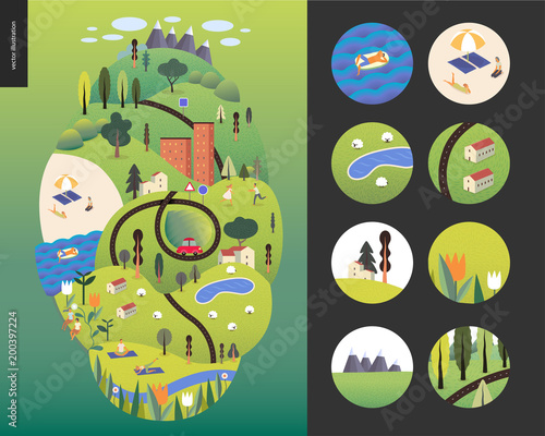 Magical summer landcape - green island with lake, hills, roads, cars, houses and trees, with mountains and clouds above and flowers on foreground. Sheep and resting and doing sport people. Scene icons