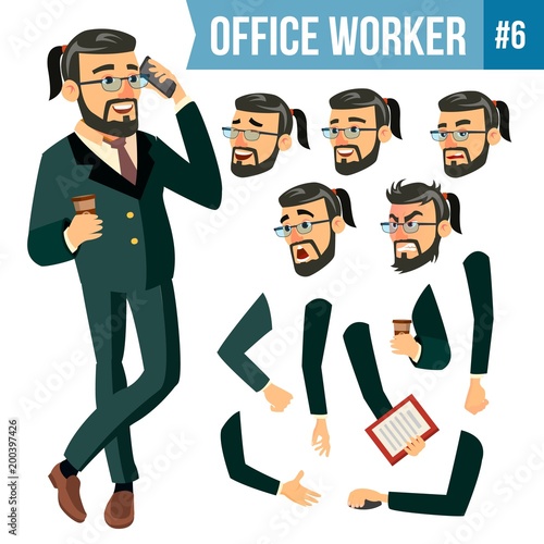 Office Worker Vector. Face Emotions, Various Gestures. Animation Creation Set. Businessman Worker. Happy Job. Partner, Clerk, Servant, Employee. Isolated Flat Cartoon Illustration