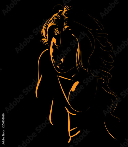 Beautiful girl face silhouette in backlight. Illustration.