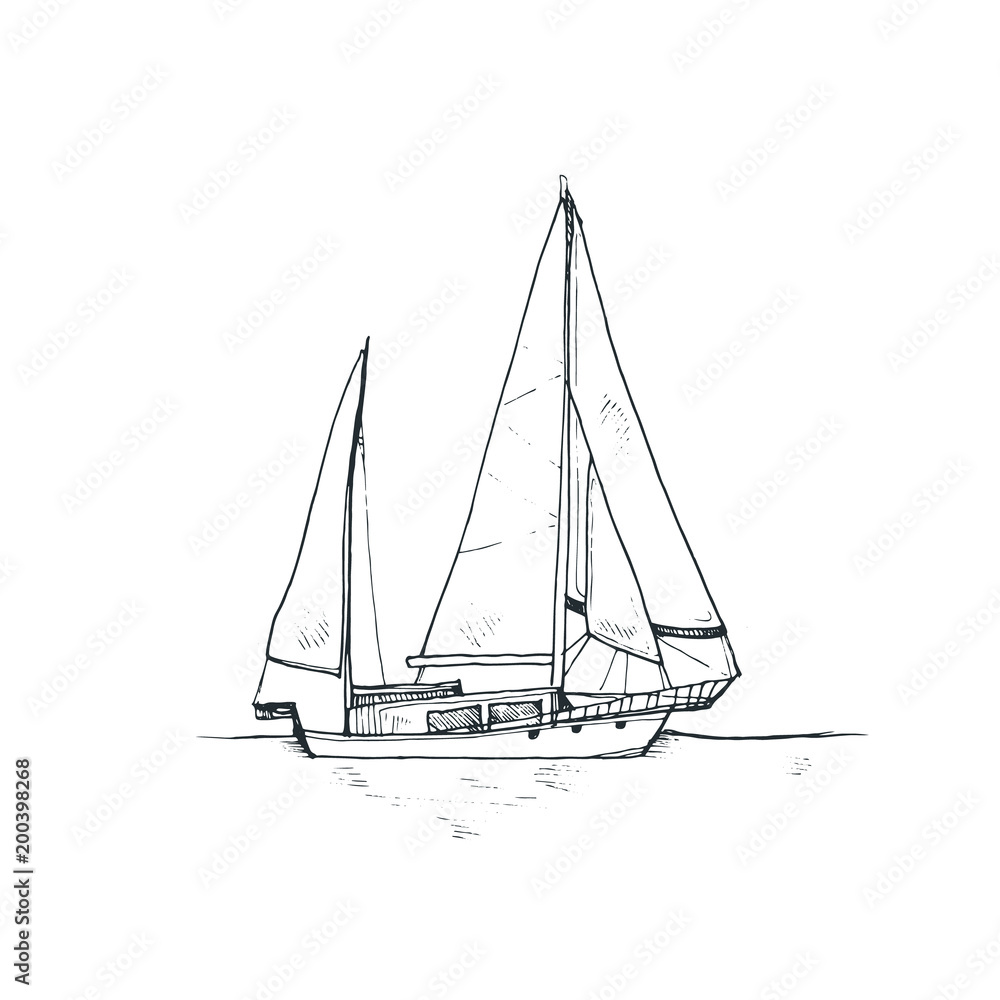 Hand drawn yacht in sketch style isolated on white background. Vector illustration.