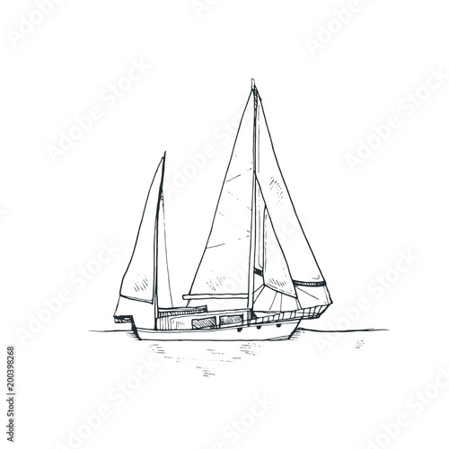 Hand drawn yacht in sketch style isolated on white background. Vector illustration.