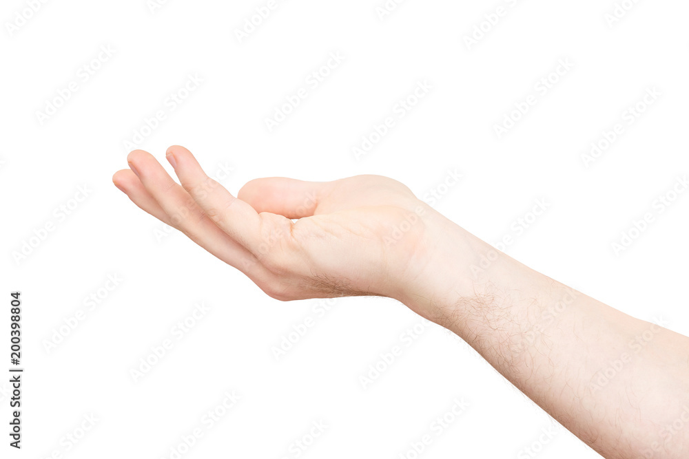 Closeup empty male hand making holding gesture with opened palm isolated at white background. Closeup empty male hand making holding gesture with opened palm isolated at white background.