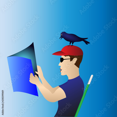 a guy in sunglasses and a red cap reads a magazine with a bird on his head