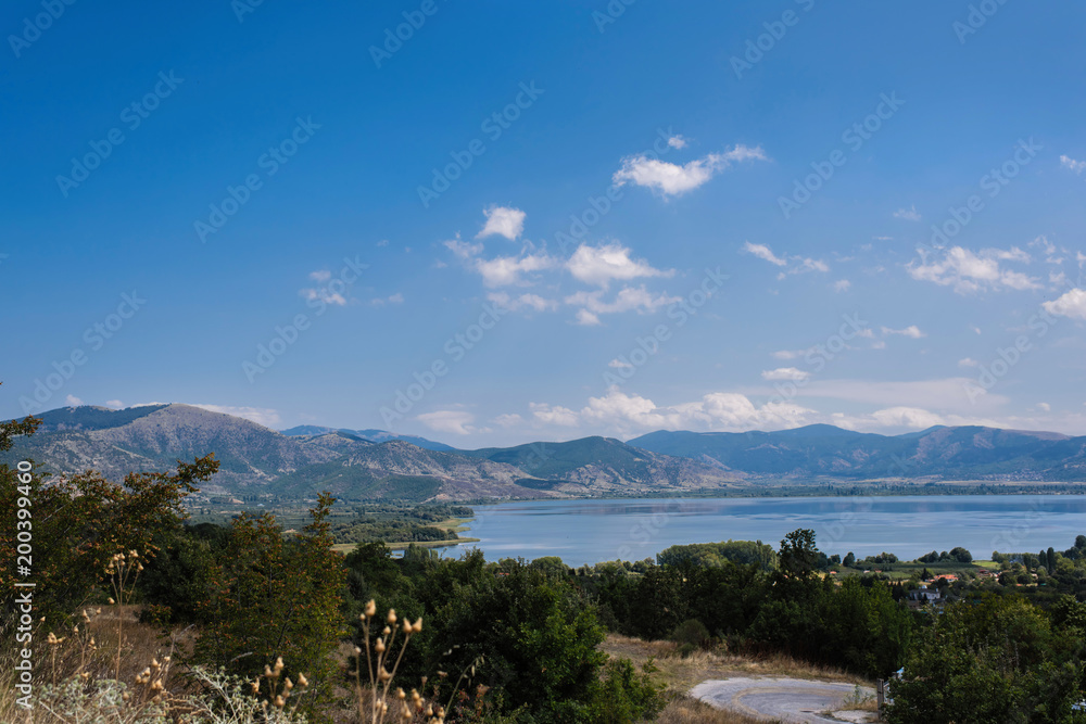 Panoramic view from mountain on the Kastoria town and neighborhood Orestias lake. Greece