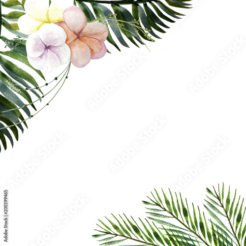 Watercolor tropical leaves and flowers as a frame for your text on a white background