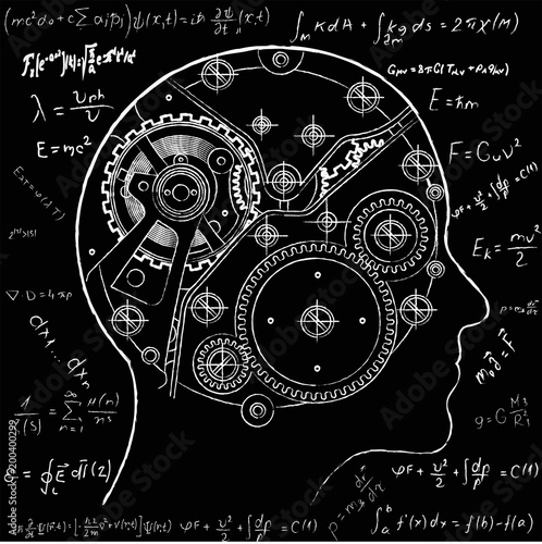 The mechanism of human thinking. It is depicted in the form of a clock mechanism with gears and screws located inside the human head.