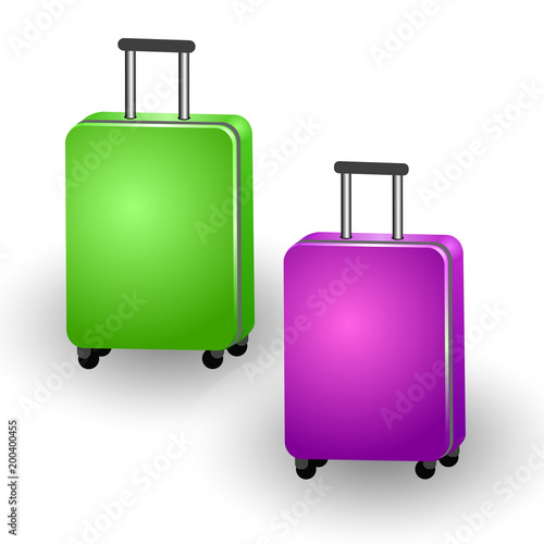 Green and purple suitcases for banner decoration, leaflets, booklets