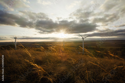 Wind turbines at sunset in the autumn field