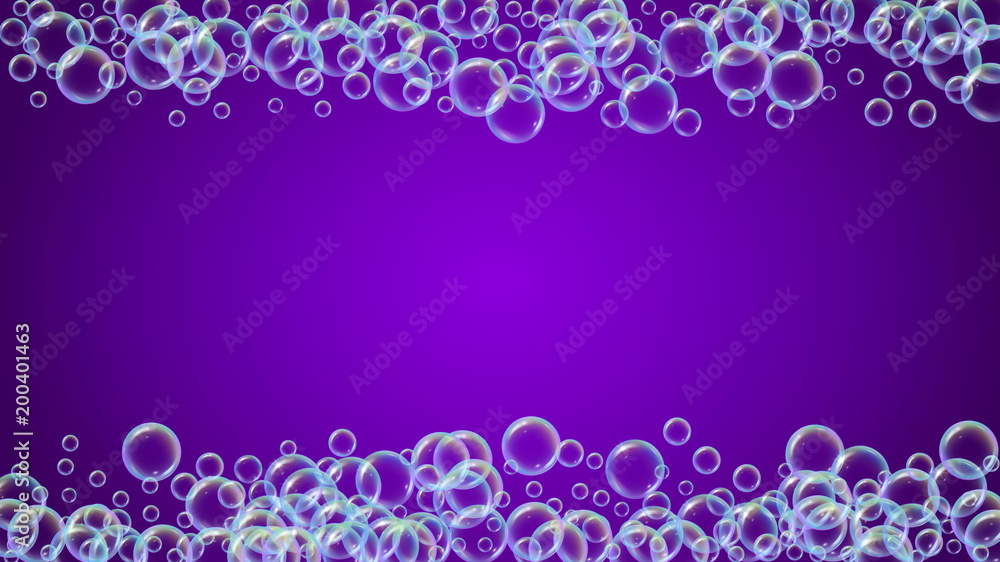 Cleaning foam on gradient background. Realistic water bubbles 3d. Cool rainbow colored liquid foam with shampoo bubbles. Cosmetic flyer and invite. Cleaning soap foam for bath and shower.