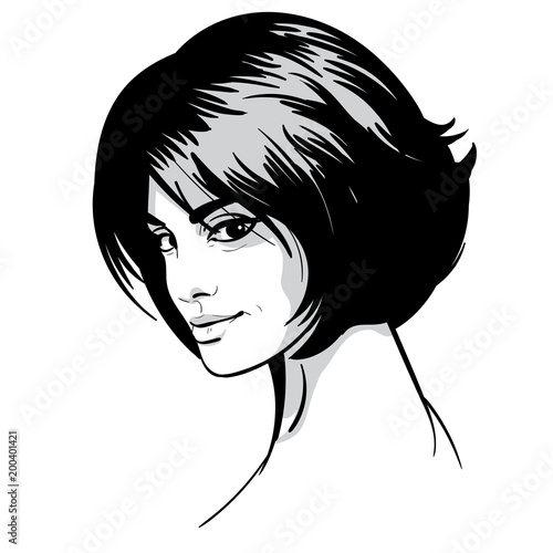 Beautiful woman portrait. Bob hairstyle. Black and white style. Illustration.
