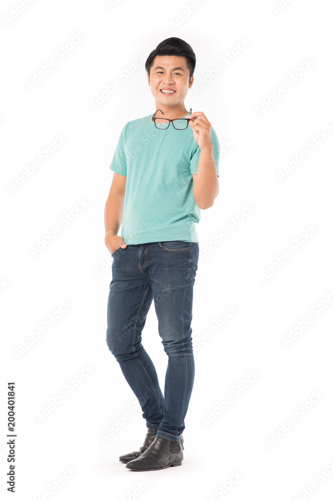 Portrait of young Asian student holding eyeglasses isolated on white Portrait of young Asian student holding eyeglasses isolated on white
