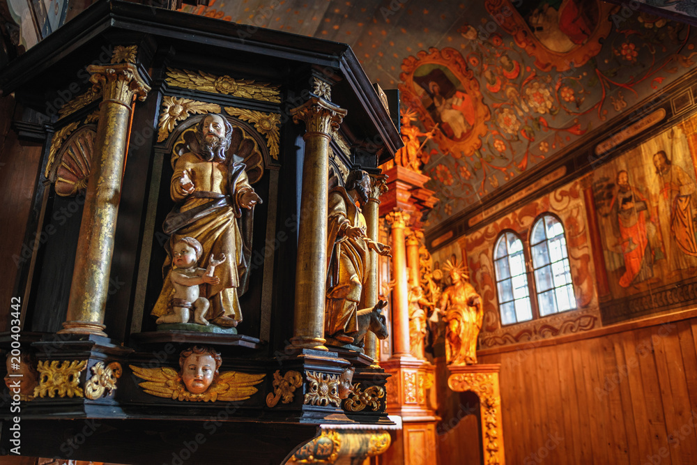 Interior of old wooden church, All Saint Church. UNESCO heritage, Tvrdosin, Slovakia