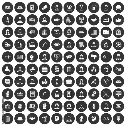 100 team work icons set black circle