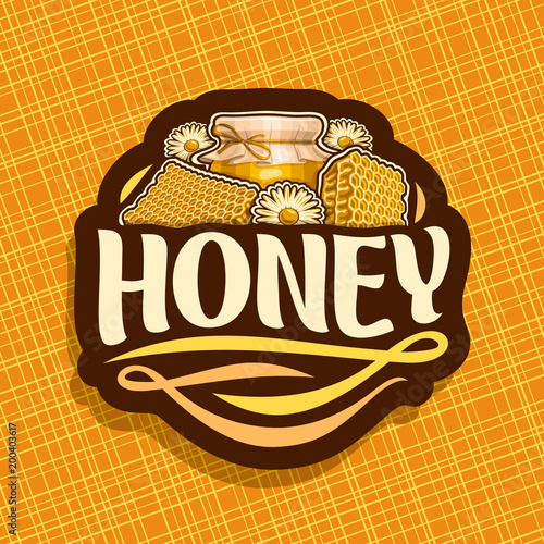 Vector logo for rustic Honey, dark label with beeswax honeycomb, chamomile flowers and glass jar of honey covered paper cap tied twine in a bow, sign for package with original typeface for word honey
