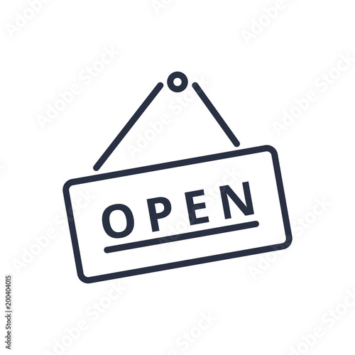 Open sign icon in trendy flat style. Board with text line icon. Business signboard hanging on a nail photo