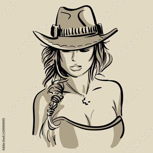 Cowboy girl face with hat. Black and white. Illustration.