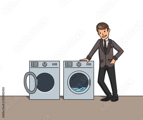 A young man in a business suit stands next to washing machines. Self-service Laundry or household appliance shop. Vector illustration on white background.