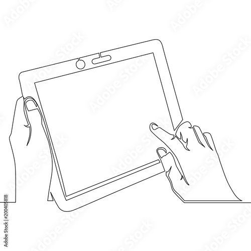 Continuous line art close up hand using tablet