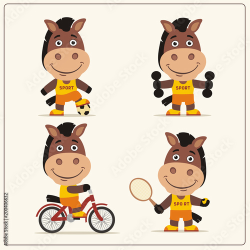 Set of funny horse is engaged in sports. Collection of cartoon horse of the sportsman: football player, with dumbbells, bicyclist, tennis player.