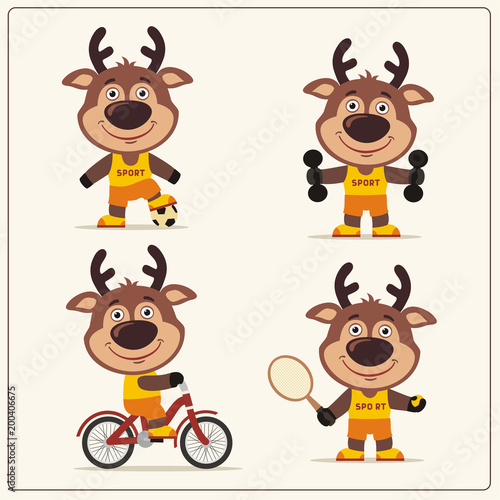 Set of funny deer is engaged in sports. Collection of cartoon deer of the sportsman: football player, with dumbbells, bicyclist, tennis player.