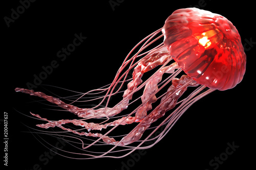 Canvas-taulu 3d rendering of pink jellyfish floating in the dark blue ocean background with sunlight