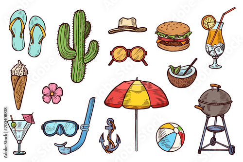 Summer objects hand drawn colorful sketch set. Food, cocktails ,beach accessories, flower, cactus. Summer doodle vector illustration. Vacation design elements. Eps 10