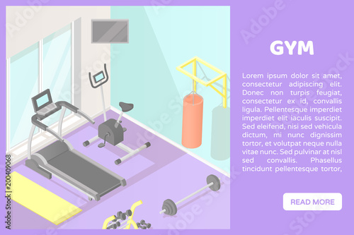 Vector isometric low poly cutaway interior illustartion. Home fitness or gym room with treadmill, exercise bike, punching bag, dumbbells and mat. Banner for a web site with place for text and button