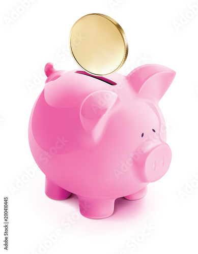 Pig bank with coin, isolated. Vector 3d illustration