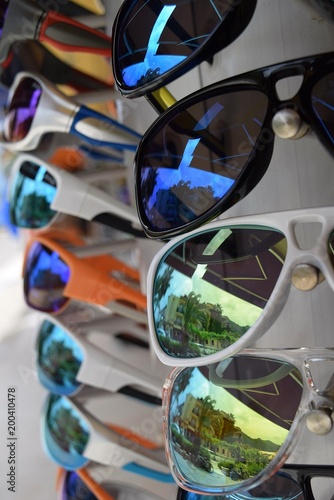 Sunglasses, colored.The reflection in the sunglasses.
