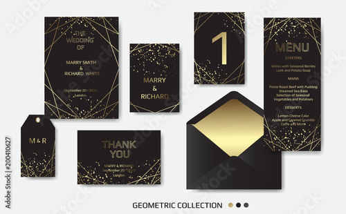 Wedding Invitation, invite card design with Geometrical art lines, gold foil border, frame.