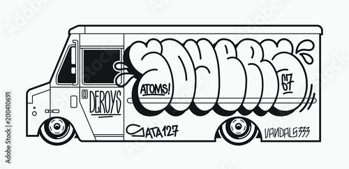 Graffiti on the truck. Monochrome vector illustration for print on t-shirt.