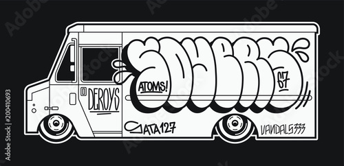 Graffiti on the truck. Monochrome vector illustration for print on t-shirt.