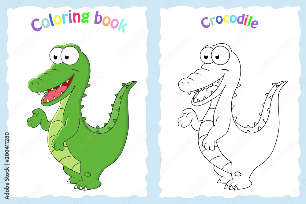 Naklejka premium Coloring book page for preschool children with colorful crocodil