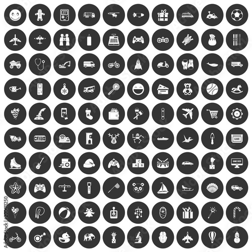 100 toys for kids icons set black circle