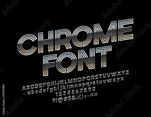 Vector Chrome Font. Metallic silver Alphabet Letters, Numbers and Symbols