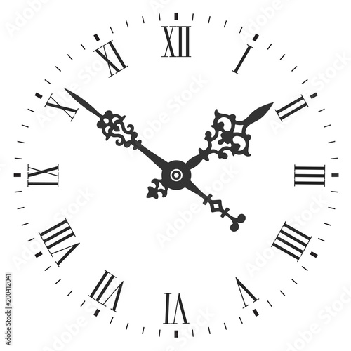 Elegant clock face with roman numerals and tick marks placed on a white background