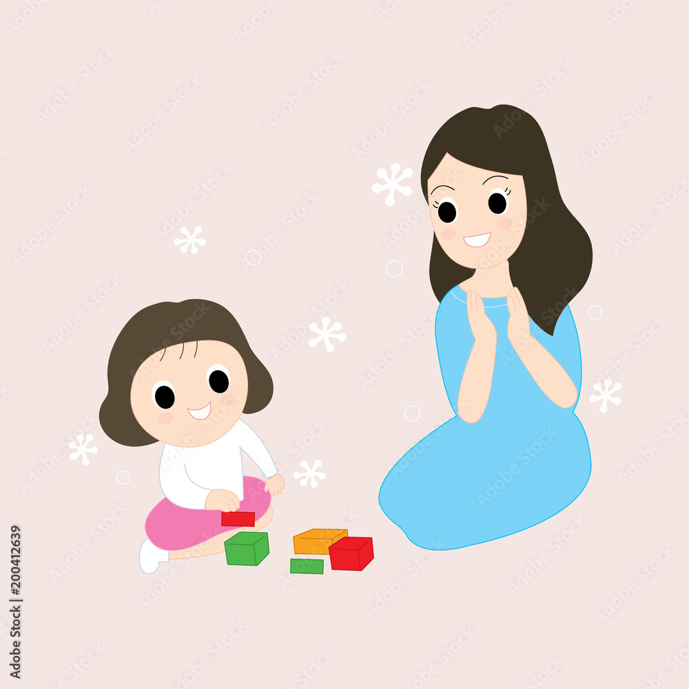 Cartoon cute mother and little girl playing box together vector. Cartoon cute mother and little girl playing box together vector.