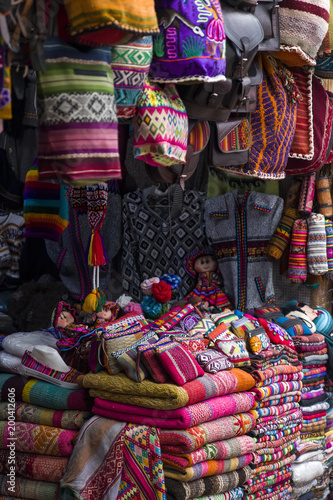 Colorful traditional peruvian fabrics on the market
