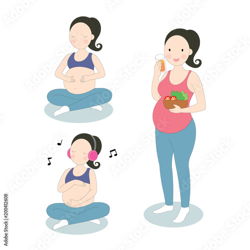 Cartoon cute actions woman pregnancy, Meditate, Listen to music, Eat useful food  vector.