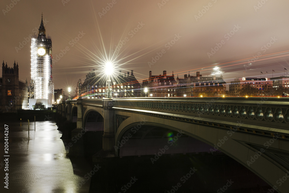 Fototapeta premium Ben in major repair work, renovation - night view