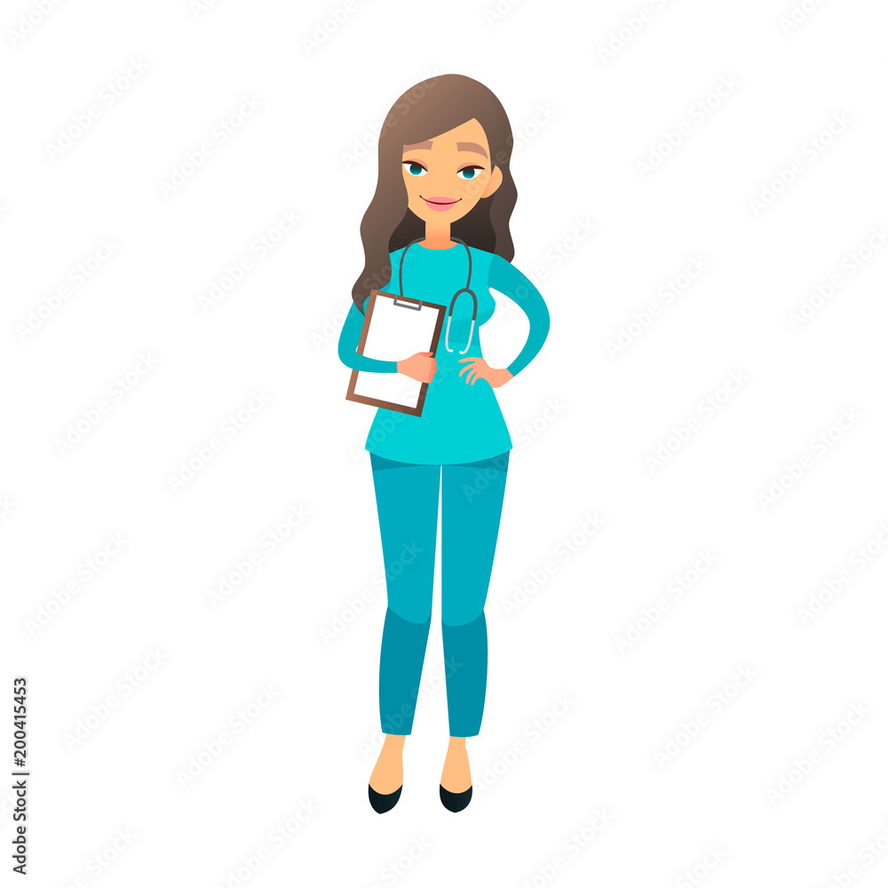 Cute nurse flat cartoon illustration. Beautiful young female medical doctor.  Female nurse, hospital worker in blue uniform Stock Vector | Adobe Stock