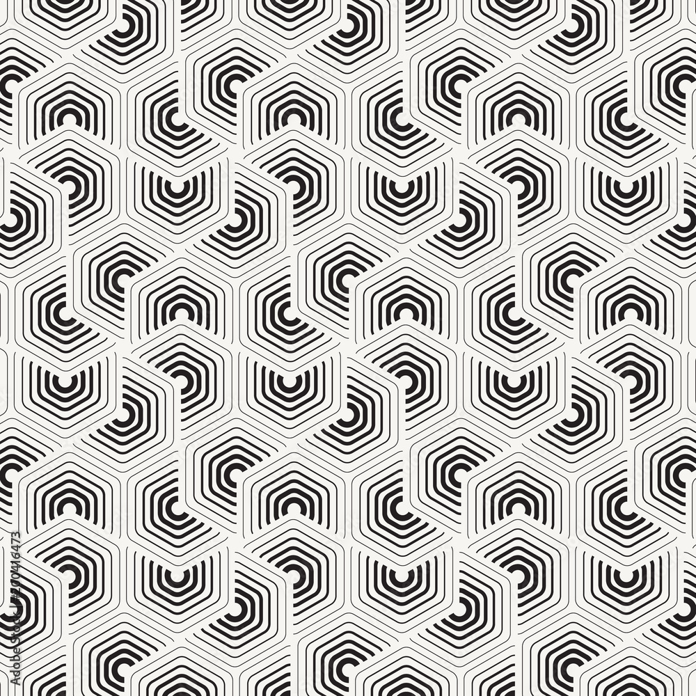 geometric vector pattern, repeating thin and thick line in chevron shape circling on hexagon shape. Graphic clean for fabric, wallpaper, painted, background. Pattern is on swatches panel.