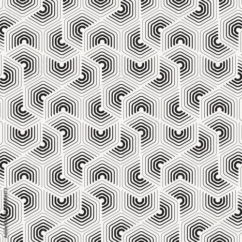 geometric vector pattern, repeating thin and thick line in chevron shape circling on hexagon shape. Graphic clean for fabric, wallpaper, painted, background. Pattern is on swatches panel.