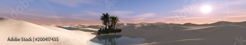 oasis at sunset in the sandy desert, 3D rendering 
