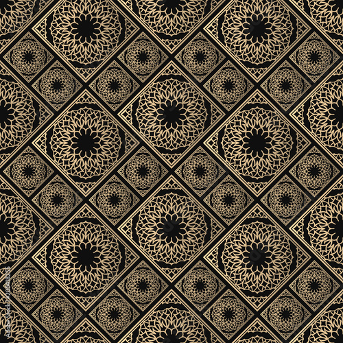 Islamic vector design. Seamless pattern oriental ornament. Black and golden textile print. Floral tiles.